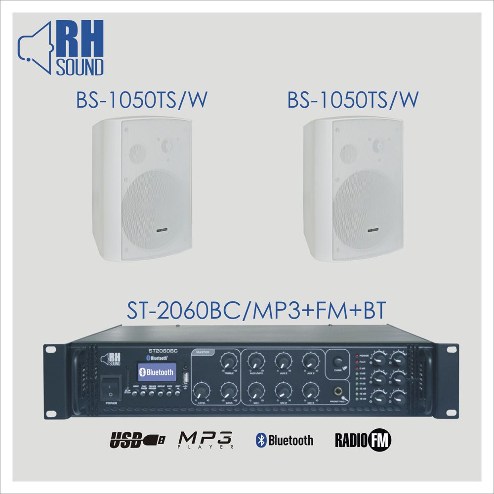 RH SOUND ST-2060BC/MP3+FM+BT + 2x BS-1050TS/W - Zestaw Nagłośnienia naściennego