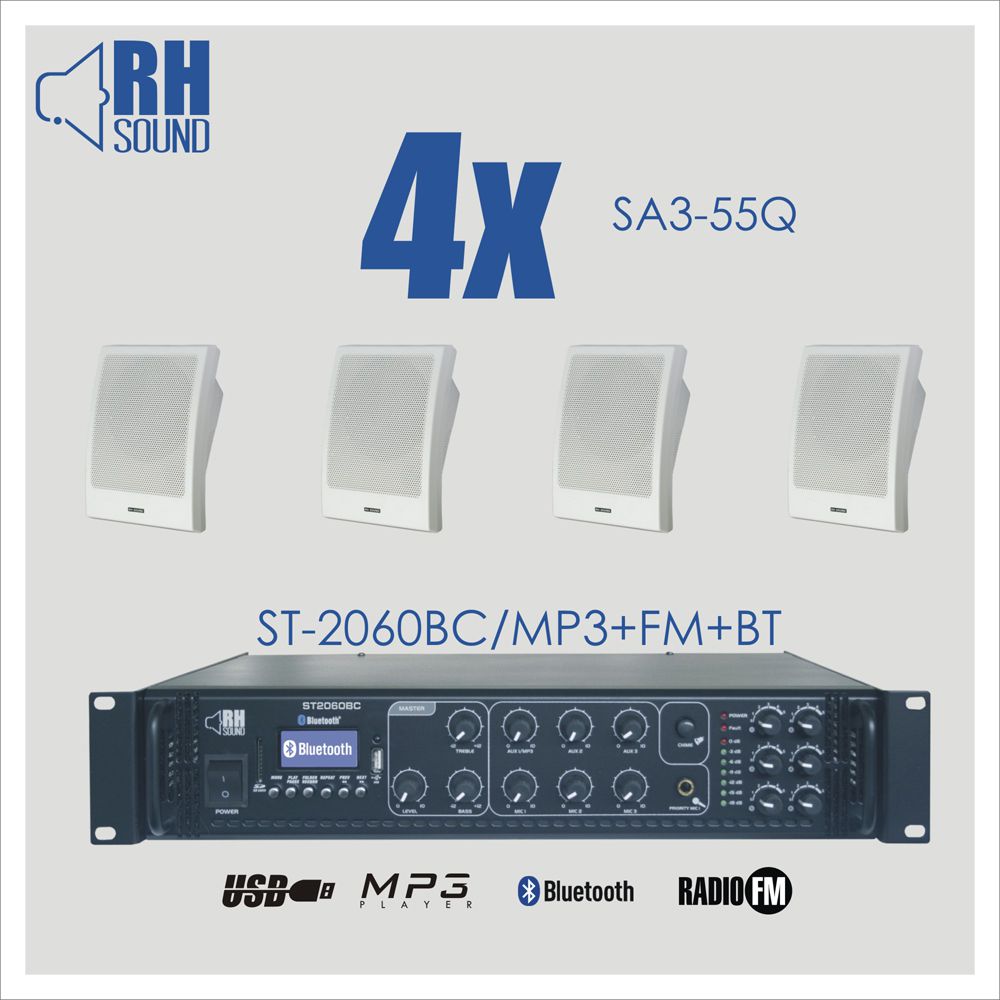RH SOUND ST-2060BC/MP3+FM+BT + 4x SA3-55Q - Zestaw Nagłośnienia naściennego