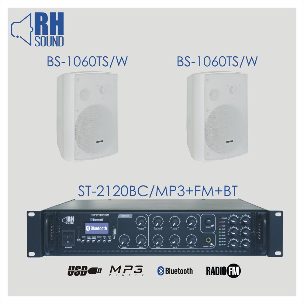 RH SOUND ST-2120BC/MP3+FM+BT + 2x BS-1060TS/W - Zestaw nagłośnienia naściennego