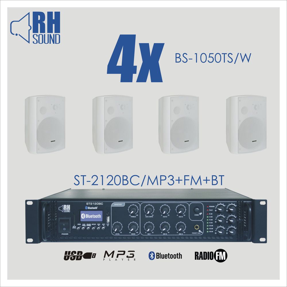 RH SOUND ST-2120BC/MP3+FM+BT + 4x BS-1050TS/W - Zestaw Nagłośnienia naściennego