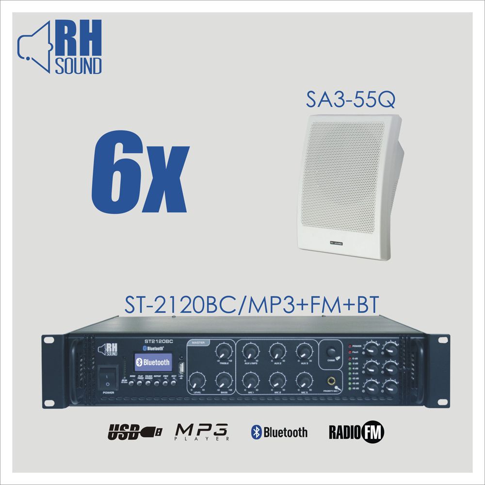 RH SOUND ST-2120BC/MP3+FM+BT + 6x SA3-55Q - Zestaw Nagłośnienia naściennego