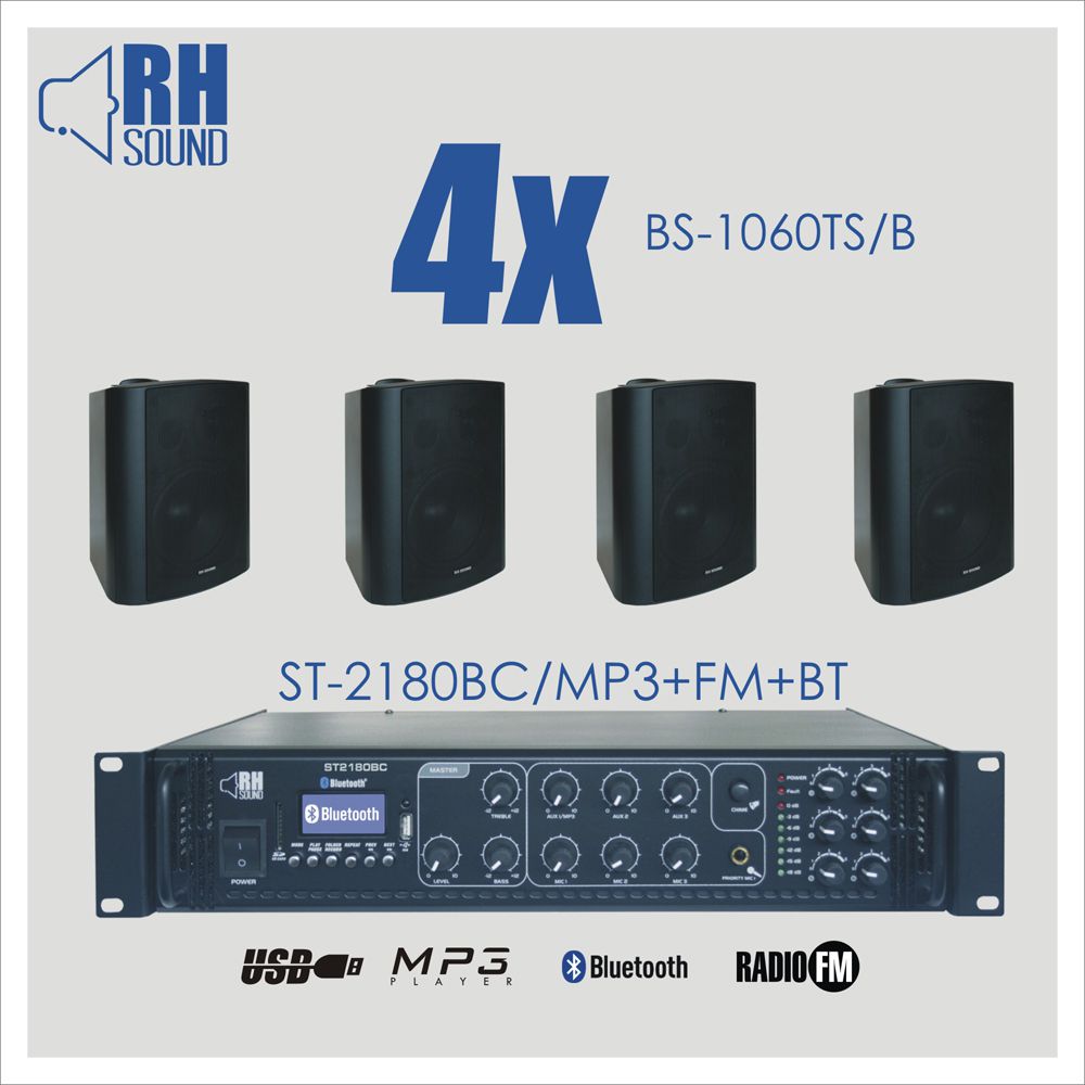 RH SOUND ST-2180BC/MP3+FM+BT + 4x BS-1060TS/B - Zestaw nagłośnienia naściennego