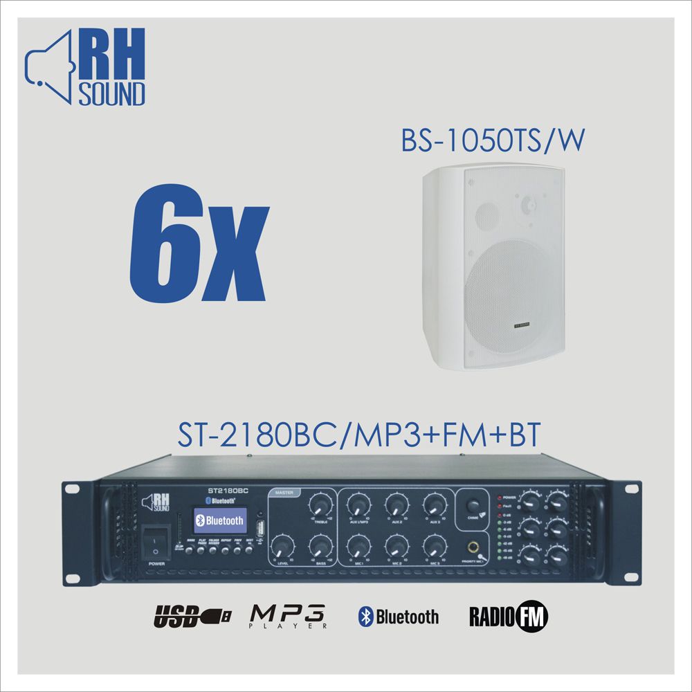 RH SOUND ST-2180BC/MP3+FM+BT + 6x BS-1050TS/W - Zestaw nagłośnienia naściennego