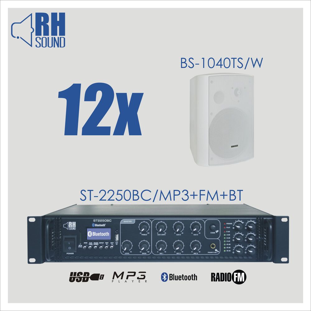 RH SOUND ST-2250BC/MP3+FM+BT + 12x BS-1040TS/W - Zestaw nagłośnienia naściennego