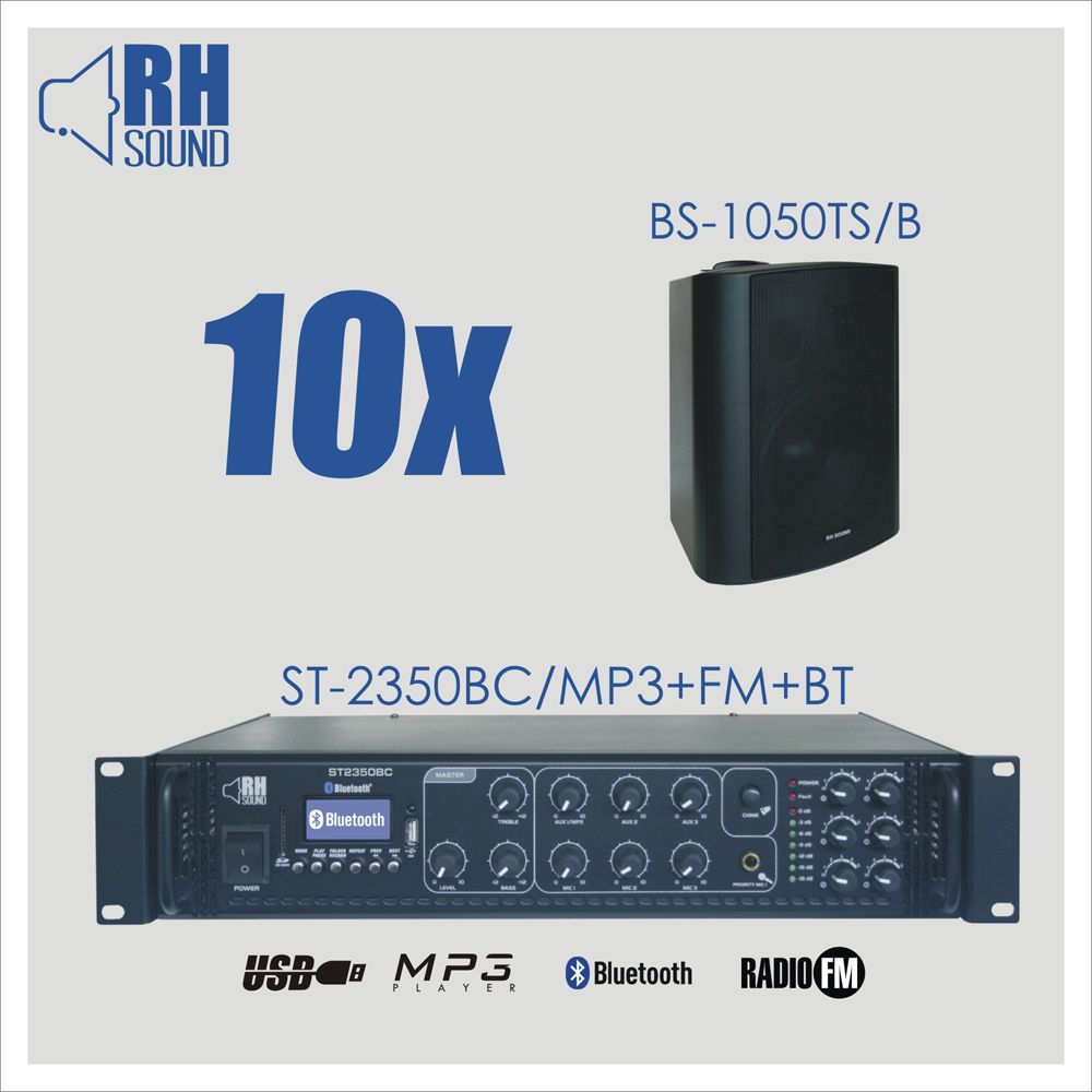 RH SOUND ST-2350BC/MP3+FM+BT + 10x BS-1050TS/B - Zestaw nagłośnienia naściennego
