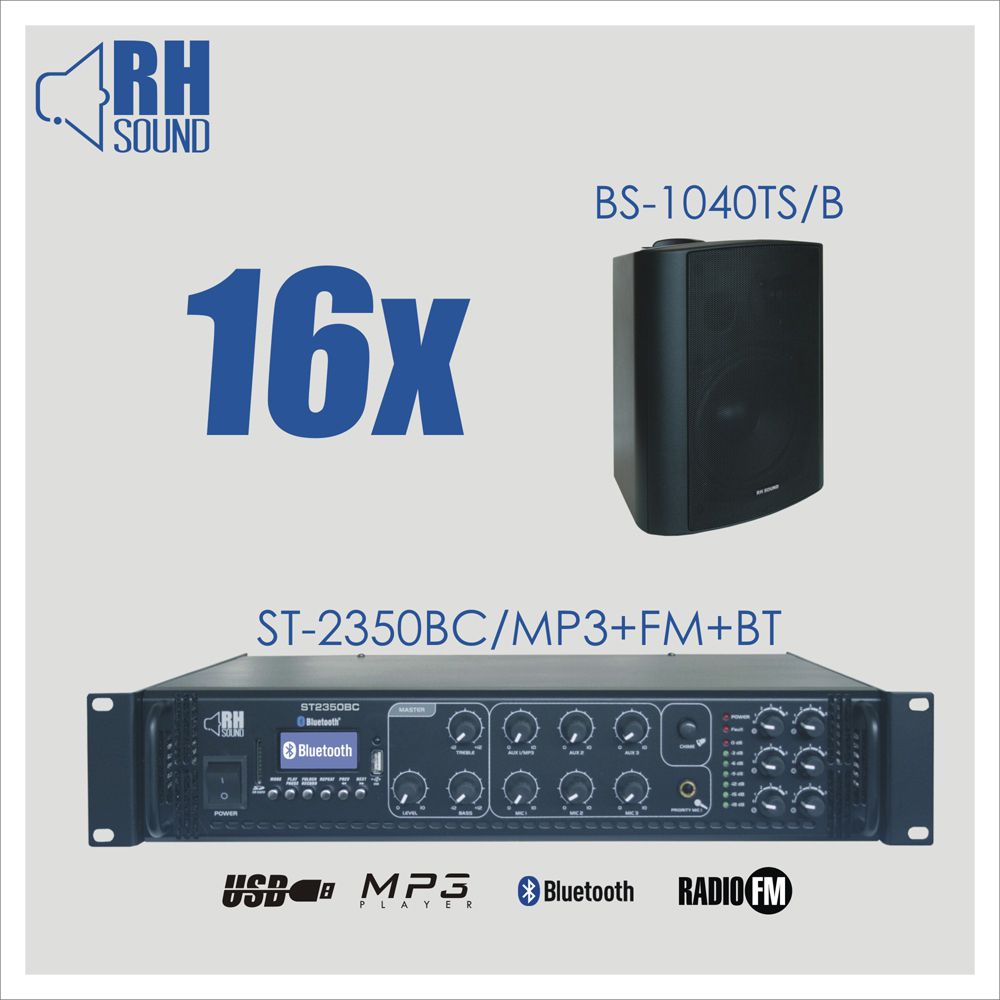 RH SOUND ST-2350BC/MP3+FM+BT + 16x BS-1040TS/B - Zestaw nagłośnienia naściennego