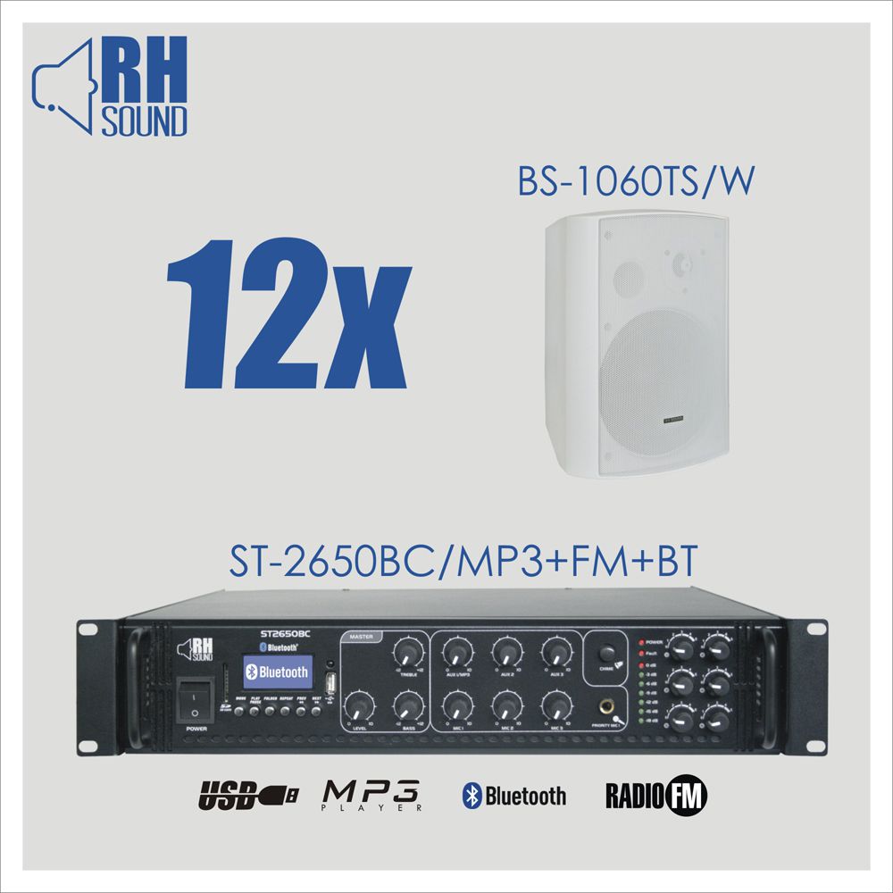 RH SOUND ST-2650BC/MP3+FM+BT + 12x BS-1060TS/W - Zestaw nagłośnienia naściennego