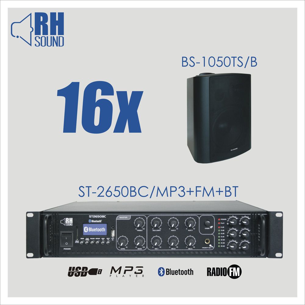 RH SOUND ST-2650BC/MP3+FM+BT + 16x BS-1050TS/B - Zestaw nagłośnienia naściennego