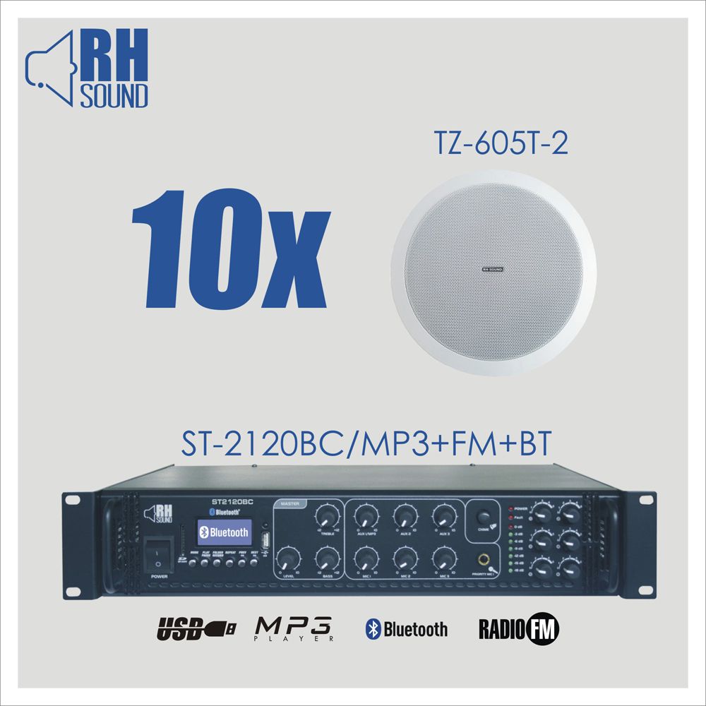 RH SOUND ST-2120BC/MP3+FM+BT + 10x TZ-605T-2 - Zestaw nagłośnienia sufitowego