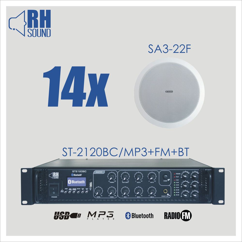 RH SOUND ST-2120BC/MP3+FM+BT + 14x SA3-22F - Zestaw nagłośnienia sufitowego