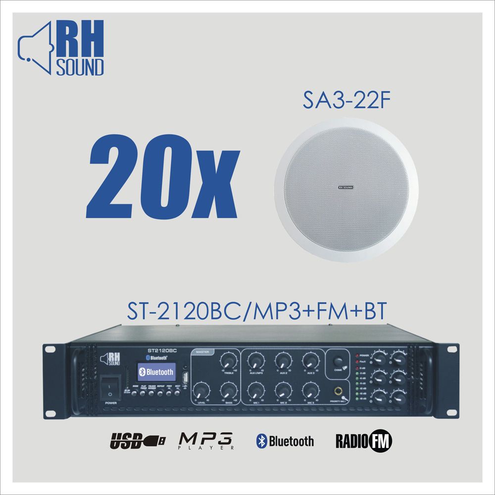 RH SOUND ST-2120BC/MP3+FM+BT + 20x SA3-22F - Zestaw nagłośnienia sufitowego
