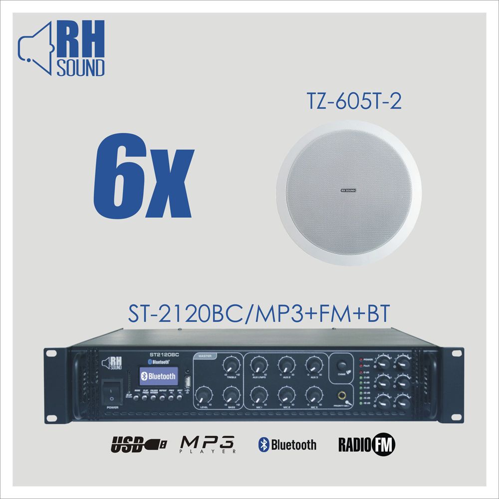 RH SOUND ST-2120BC/MP3+FM+BT + 6x TZ-605T-2 - Zestaw nagłośnienia sufitowego