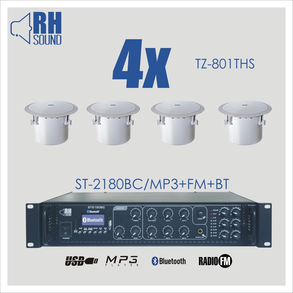 RH SOUND ST-2180BC/MP3+FM+BT + 4x TZ-801THS - Zestaw nagłośnienia sufitowego