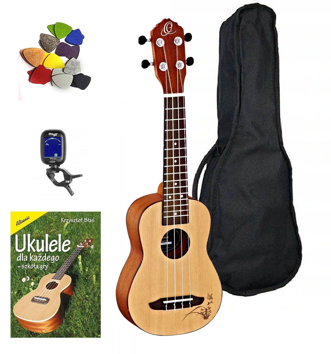 ORTEGA RU5-SO - Ukulele sopranowe + tuner + książka + kostka + pokrowiec