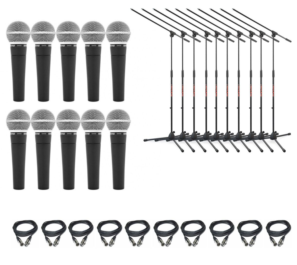 Shure SM 58 LCE - zestaw 10 mikrofonów + statywy + kable