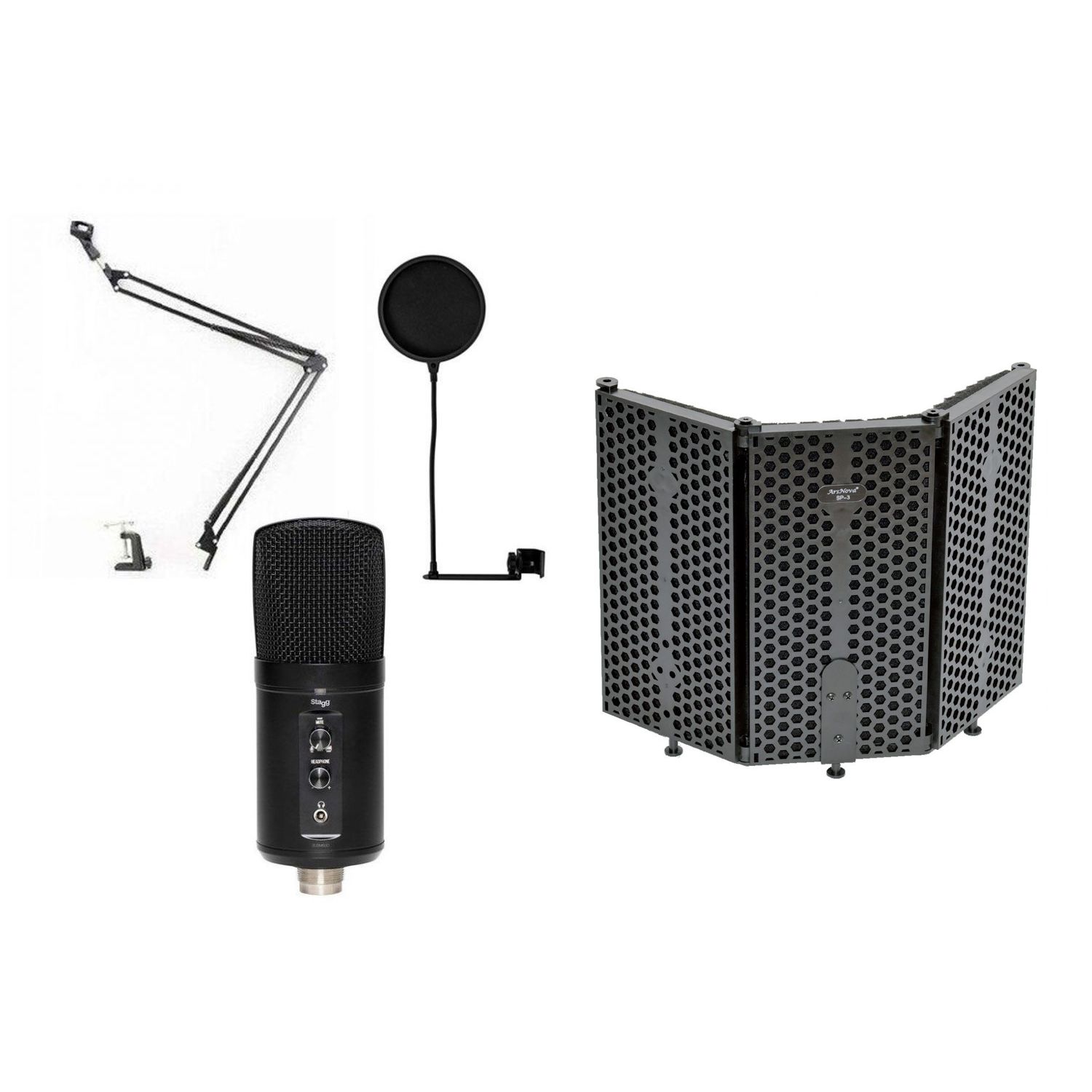 Stagg SUSM60D - mikrofon pojemnościowy USB + statyw + pop filtr + ekran akustyczny