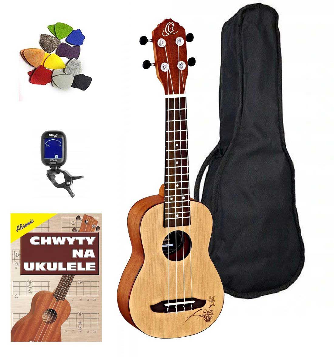 ORTEGA RU5-SO - Ukulele sopranowe + tuner + książka + kostka + pokrowiec