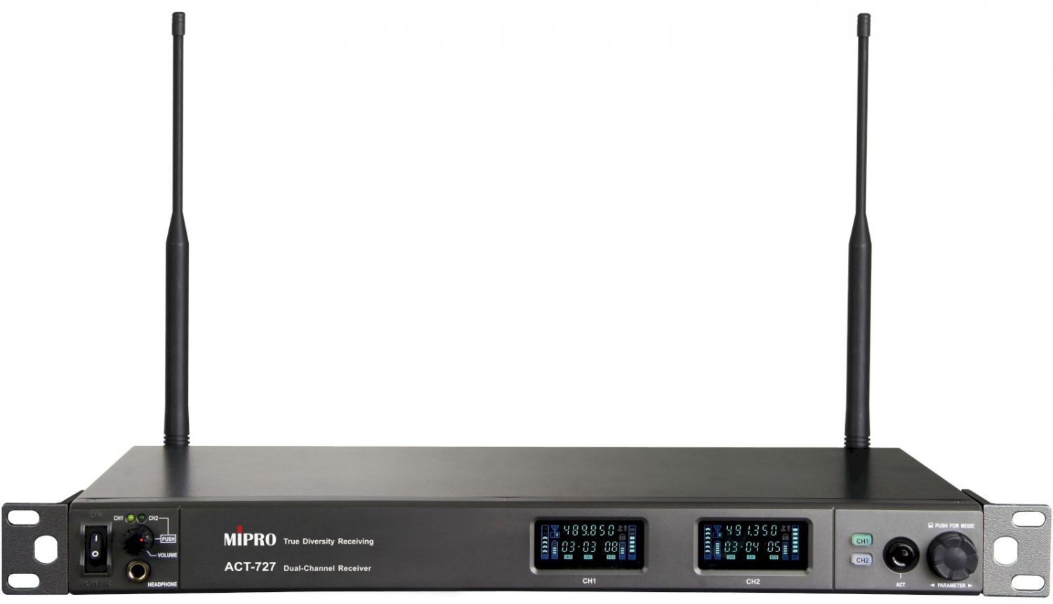 MIPRO ACT 727 5UA - dwukanałowy, szerokopasmowy odbiornik 1U, pasmo pracy 482-554 Mhz (72 MHz)