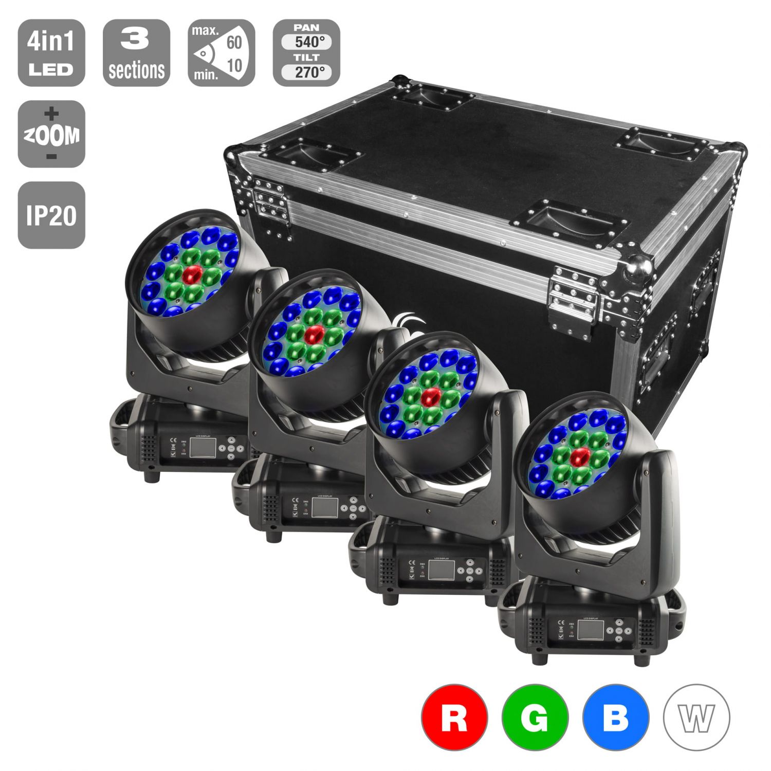 Flash 4x Moving Heads ZOOM 19x15W 3 Section (SET) - zestaw głowic ruchomych F7100550