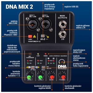 DNA MIX 2 mikser analogowy 2-kanałowy Hi-Z interfejs audio USB