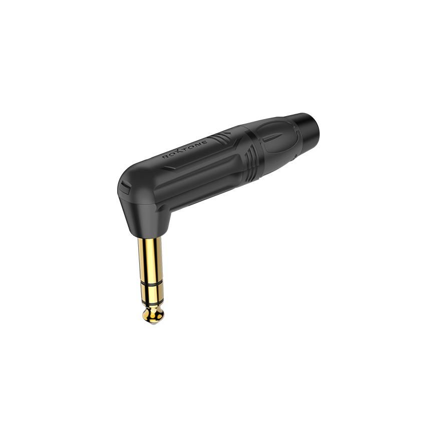 6.3mm right angle stereo plug, Black electrophoretic paint shell, Gold plated contacts Roxtone RJ3RP-BG Roxtone RJ3RP-BG 6,3 mm wtyk stereo pod kątem prostym, czarna powłoka elektroforetyczna, pozłacane styki