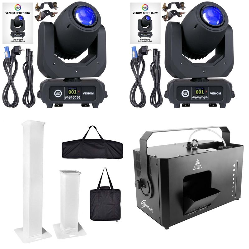 LIGHT4ME 2x VENOM SPOT 150W + DNA TOWER PRO SET + HURRICANE HAZE 1DX + kable DMX - zestaw oświetleniowy