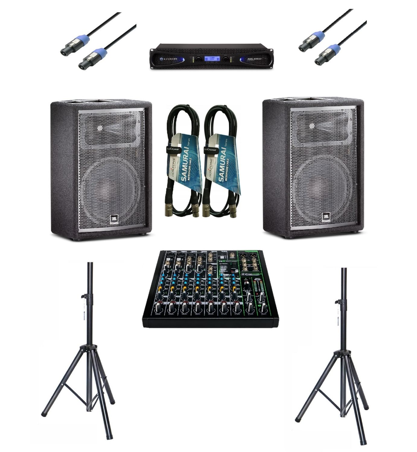JBL 2x JRX 212 + Crown XLS 1002 + MACKIE PROFX 10 v 3 + akcesoria - kompletny zestaw nagłośnienia