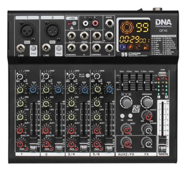  DNA QFX6 analogowy mikser dźwięku 6 kanałów Bluetooth USB MP3 Phantom +48V DSP 