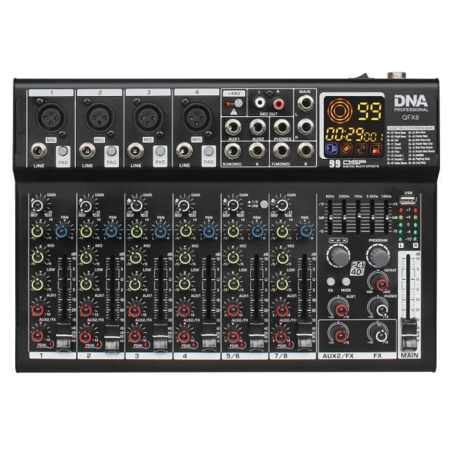 DNA QFX8 analogowy mikser dźwięku 8 kanałów Blueto DNA QFX8 analogowy mikser dźwięku 8 kanałów Bluetooth USB MP3 Phantom +48V DSP