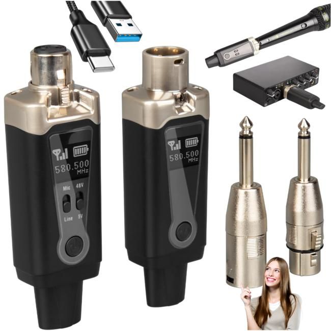DNA WXLR1 bezprzewodowy system transmisji audio UH DNA WXLR1 bezprzewodowy system transmisji audio UHF nadajnik odbiornik USB-C +48V Phantom 2x adapter XLR/jack 6,35 mm zestaw