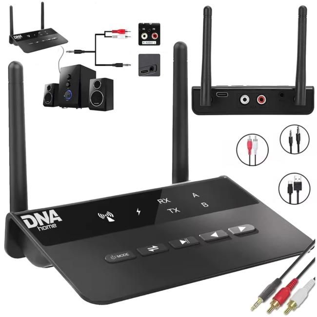 DNA HTVR system bezprzewodowej transmisji odbioru DNA HTVR system bezprzewodowej transmisji odbioru Bluetooth 5.0 nadajnik odbiornik adapter USB-C cinch RCA AUX zasięg do 80 m
