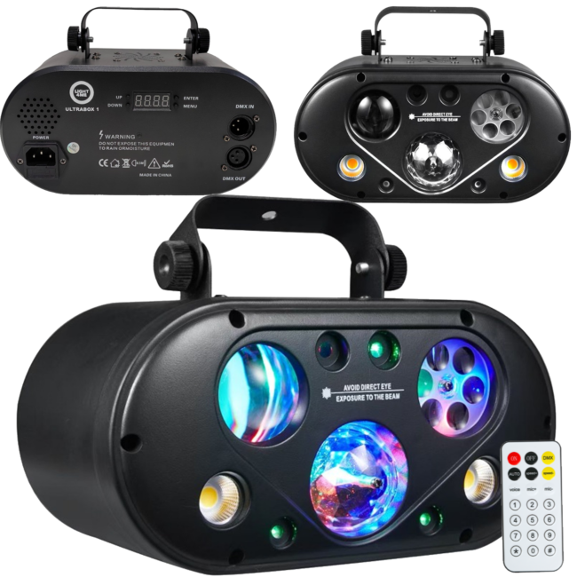 LIGHT4ME ULTRABOX 1 multiefekt świetlny LED RGBA 6w1 efekt gobo magic ball water wave złoty stroboskop laser oświetlenie dyskote