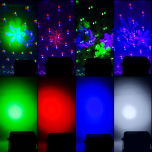 LIGHT4ME PARTY V multiefekt świetlny LED RGBW-UV 6w1 efekt Bee Eye biały stroboskop UV Water Wave par 2x laser R/G oświetlenie