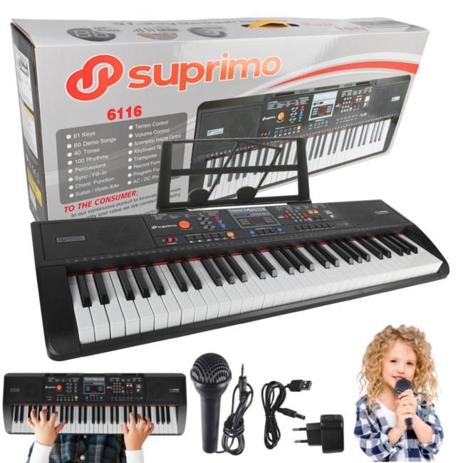 SUPRIMO 6116 keyboard edukacyjny bateryjny klawisz SUPRIMO 6116 keyboard edukacyjny bateryjny klawisze organy dla dzieci do nauki gry pulpit do nut mikrofon zasilacz AUX wyjście