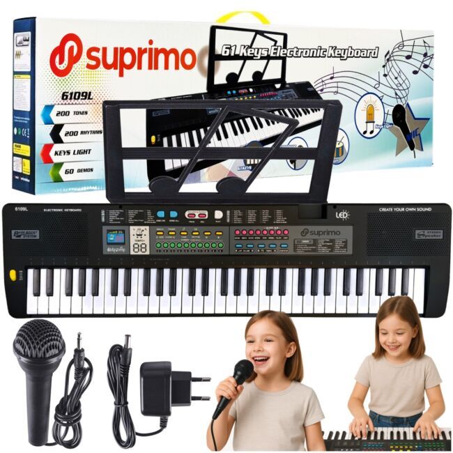 SUPRIMO 6109L keyboard edukacyjny bateryjny podświ SUPRIMO 6109L keyboard edukacyjny bateryjny podświetlane klawisze organy dla dzieci do nauki gry pulpit do nut mikrofon zasilacz