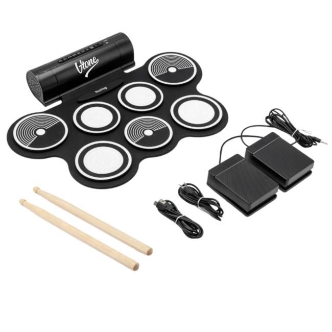 V-TONE RD7 perkusja elektroniczna zwijana USB-C AU V-TONE RD7 perkusja elektroniczna zwijana USB-C AUX 7 padów pedały pałeczki wbudowane głośniki 2x3W wyjście słuchawkowe zestaw