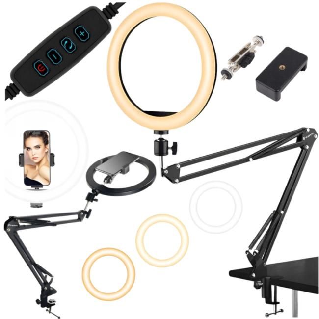 SUPRIMO DLS ramię statyw biurkowy lampa pierścieni SUPRIMO DLS ramię statyw biurkowy lampa pierścieniowa LED USB uchwyt na smartfon kontroler przewodowy