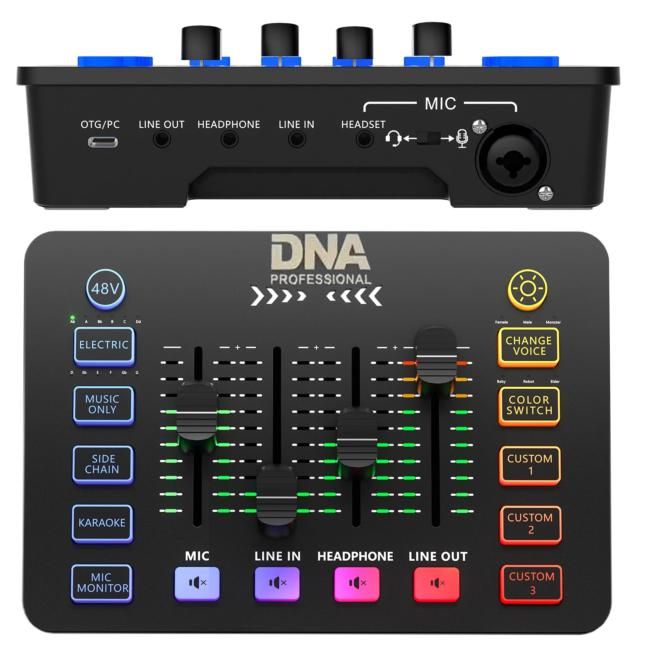 DNA SC ONE analogowy mikser audio 2 kanały USB-C DNA SC ONE analogowy mikser audio 2 kanały USB-C Phantom podświetlenie RGB zmiana głosu pogłos personalizowane efekty dźwiękowe