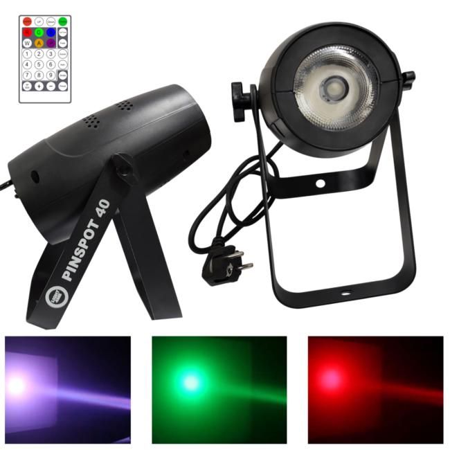 LIGHT4ME PINSPOT 40 reflektor sceniczny 40W RGBW LIGHT4ME PINSPOT 40 reflektor sceniczny 40W RGBW SMD5060 LED pilot bezprzewodowy 2x uchwyt montażowy