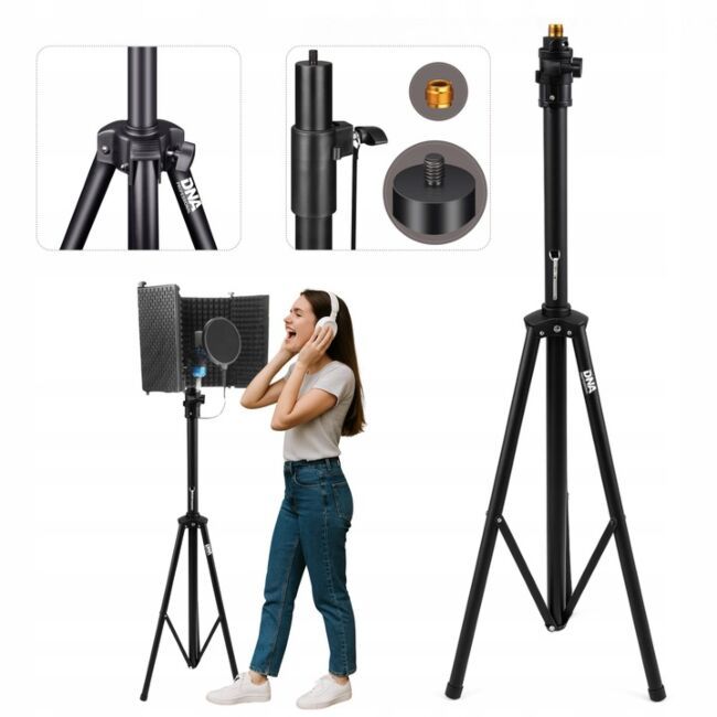 DNA SCS1 stojak tripod statyw do mikrofonu kabiny DNA SCS1 stojak tripod statyw do mikrofonu kabiny akustycznej czarny pin zabezpieczający korekcja gwintu do 25 kg
