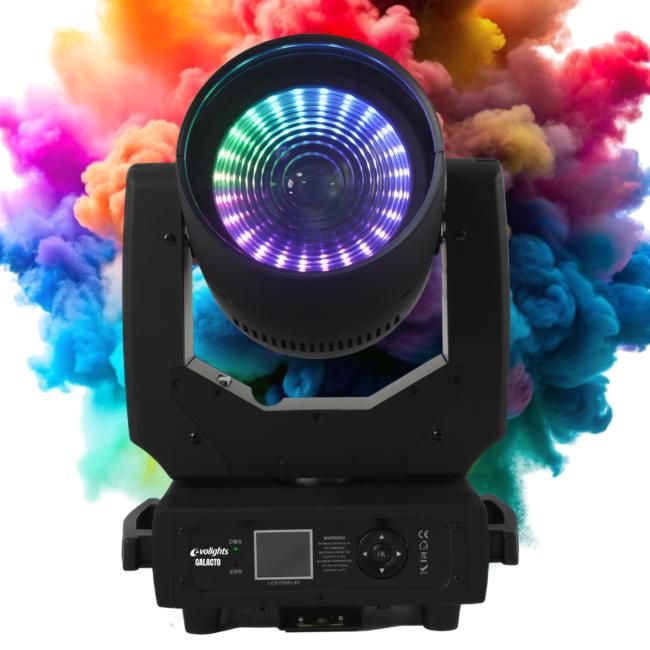 EVOLIGHTS GALACTO głowica ruchoma beam wash oświet EVOLIGHTS GALACTO głowica ruchoma beam wash oświetlenie sceniczne 120W RGBL LED + 24x0,1W RGB SMD5050 LED efekt ring