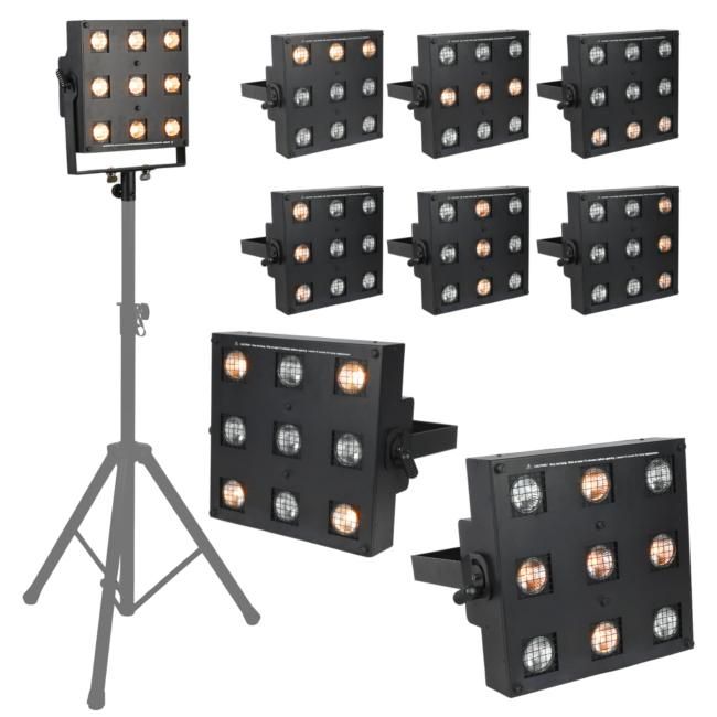  LIGHT4ME SUN PANEL blinder halogenowy oświetlenie sceniczne retro vintage DMX 9x35W WW GU10 ciepła biel uchwyt montażowy 