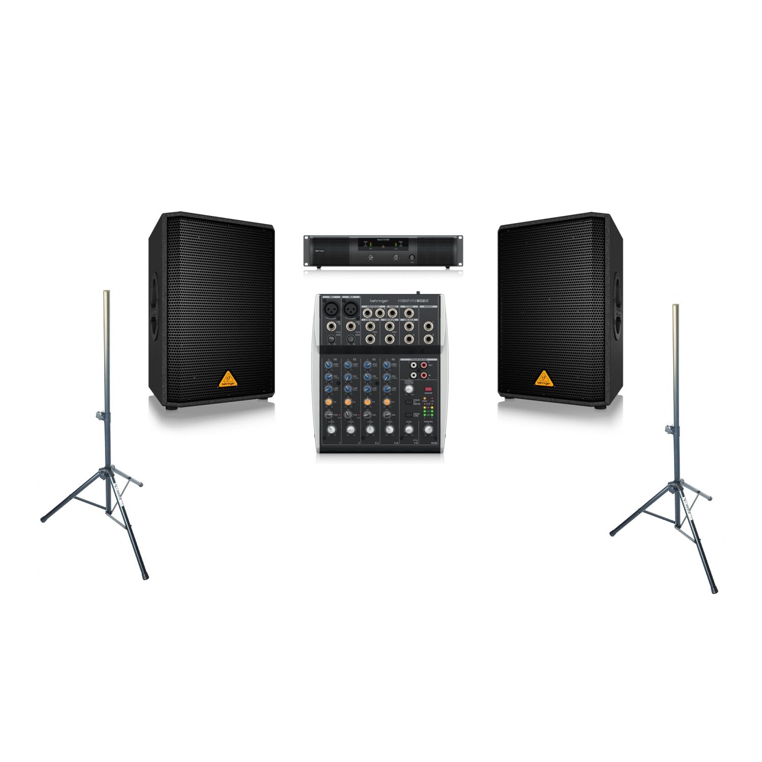 Behringer 2x VS1220 + X802S + NX1000 - kompletny zestaw nagłośnieniowy dla szkoły z akcesoriami