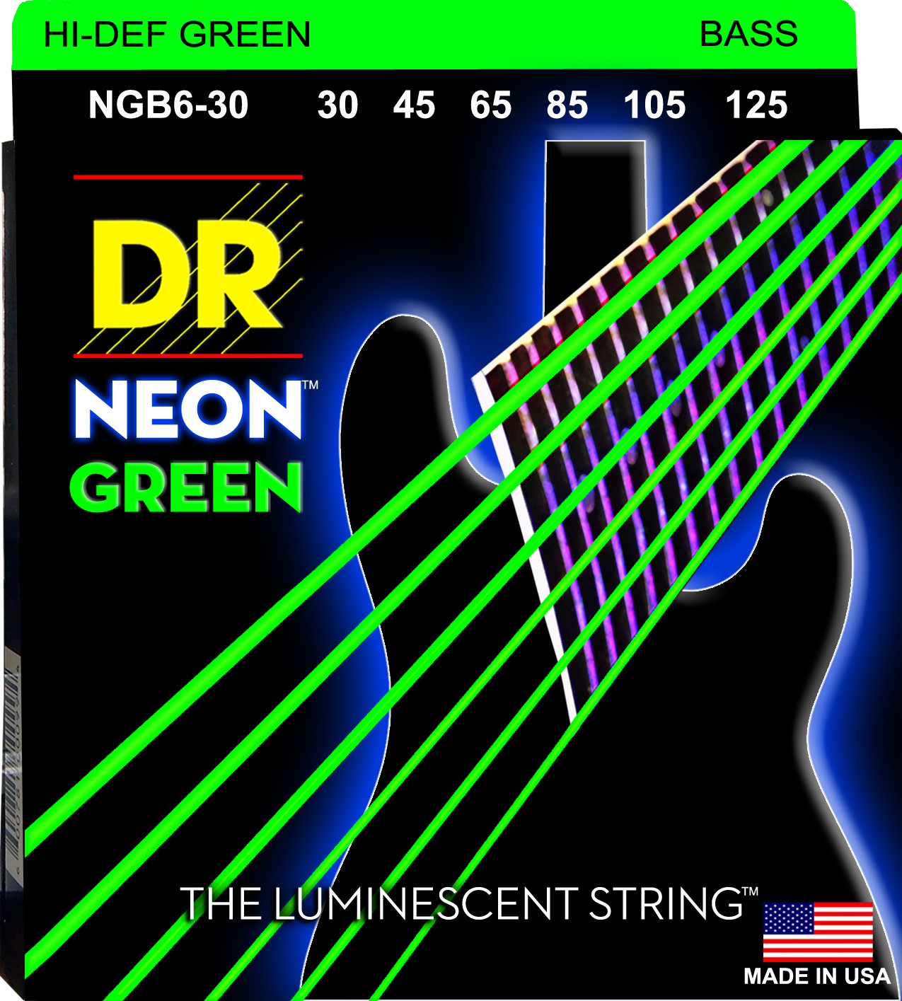 DR NEON Hi-Def Green - struny do gitary basowej, 6-String, Medium, .030-.125