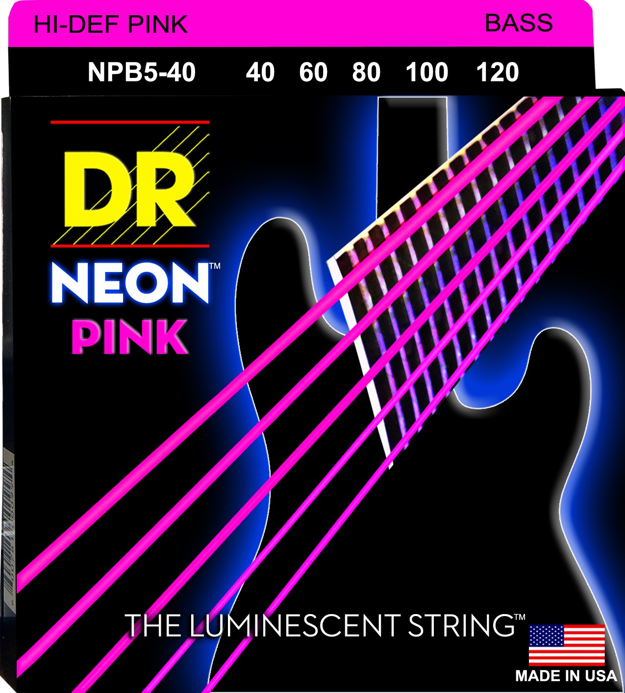 DR NEON Hi-Def Pink - struny do gitary basowej, 5-String, Light, .040-.120