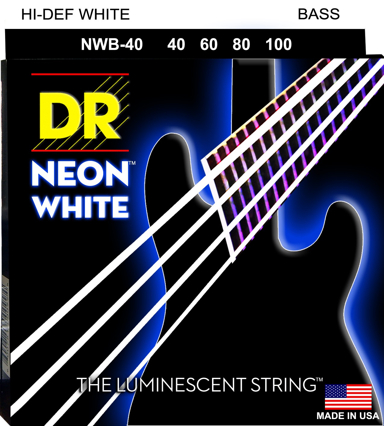 DR NEON Hi-Def White - struny do gitary basowej, 4-String, Light, .040-.100