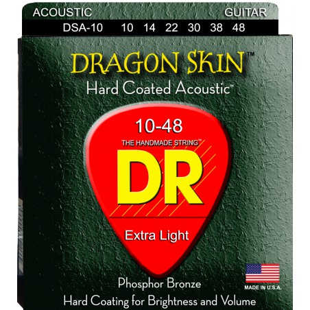 DR DRAGON SKIN - DSA-10 - Acoustic Guitar String Set, Coated Phosphor Bronze, Light, .010-.048