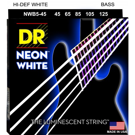 DR NEON Hi-Def White - Bass String Set, 5-String, Medium, .045-.125