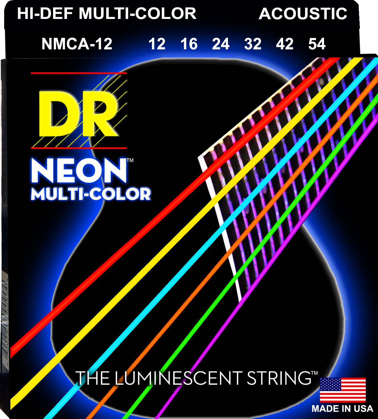 DR NEON Hi-Def - MCA-12 - Multi-Color struny do gitary akustycznej Set, Medium, .012-.054