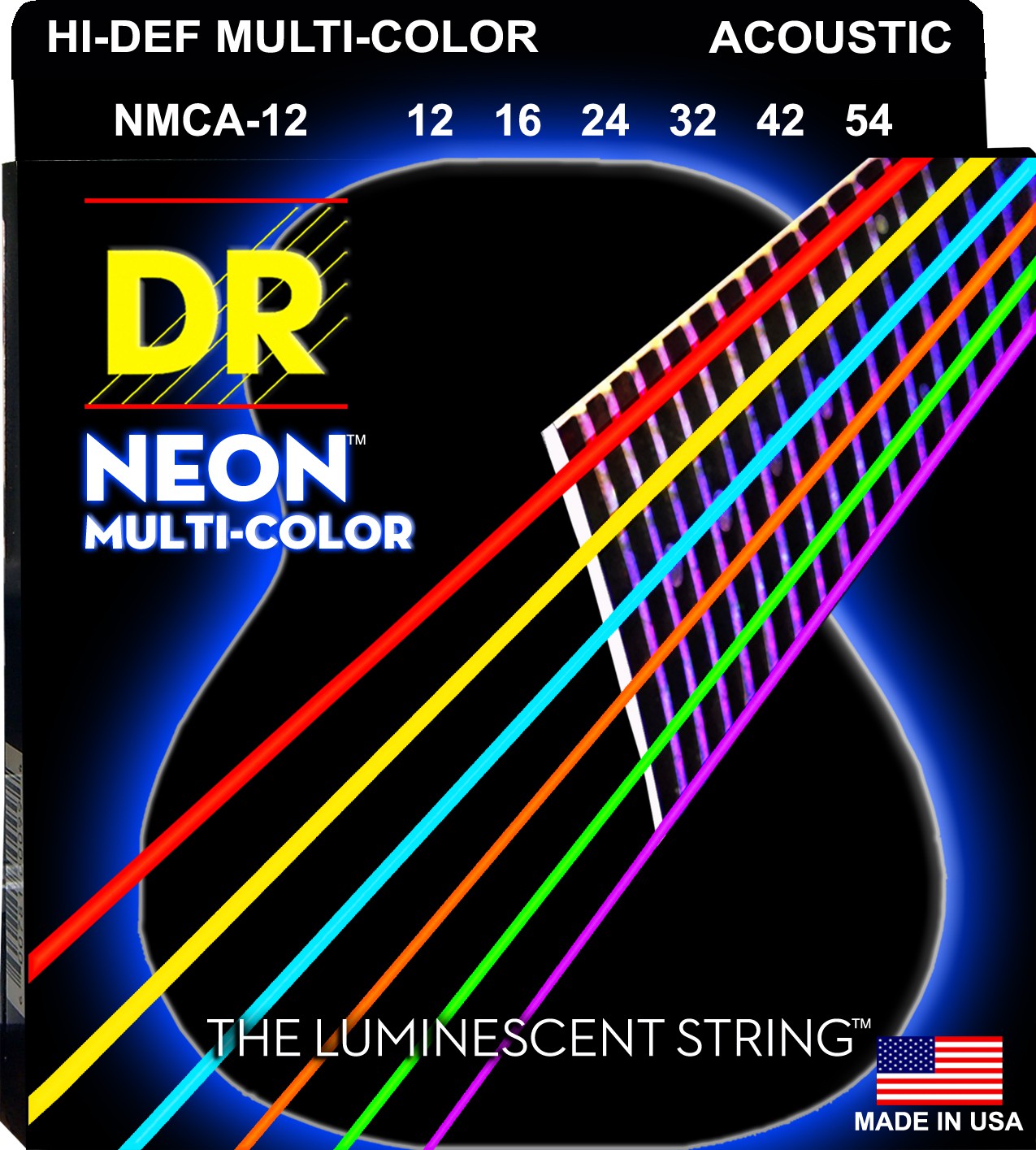 DR NEON Hi-Def - MCA-12 - Multi-Color struny do gitary akustycznej Set, Medium, .012-.054